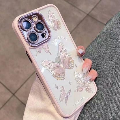 Platinum Butterfly Glass+TPU Phone Case for iPhone 12 Pro Max , Glittery Powder Decor Shell Phone Cover