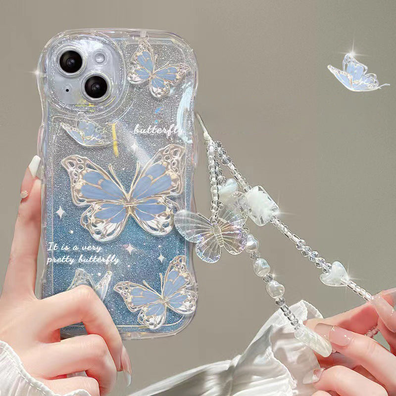 For iPhone 14 Gradient Glitter Wavy Edge Phone Case Butterfly Pattern TPU Cover with Chain