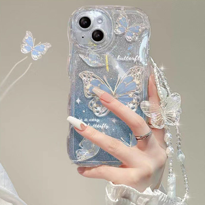 For iPhone 14 Gradient Glitter Wavy Edge Phone Case Butterfly Pattern TPU Cover with Chain
