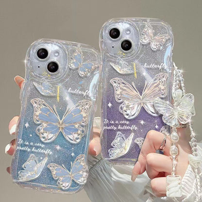 For iPhone 14 Gradient Glitter Wavy Edge Phone Case Butterfly Pattern TPU Cover with Chain