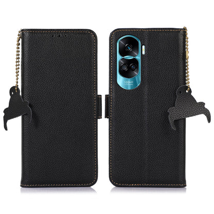 For Honor 90 Lite 5G / X50i RFID Blocking Phone Case Stand Wallet Genuine Cow Leather Litchi Texture Cover
