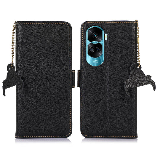 For Honor 90 Lite 5G / X50i RFID Blocking Phone Case Stand Wallet Genuine Cow Leather Litchi Texture Cover