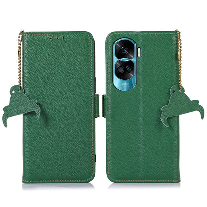 For Honor 90 Lite 5G / X50i RFID Blocking Phone Case Stand Wallet Genuine Cow Leather Litchi Texture Cover