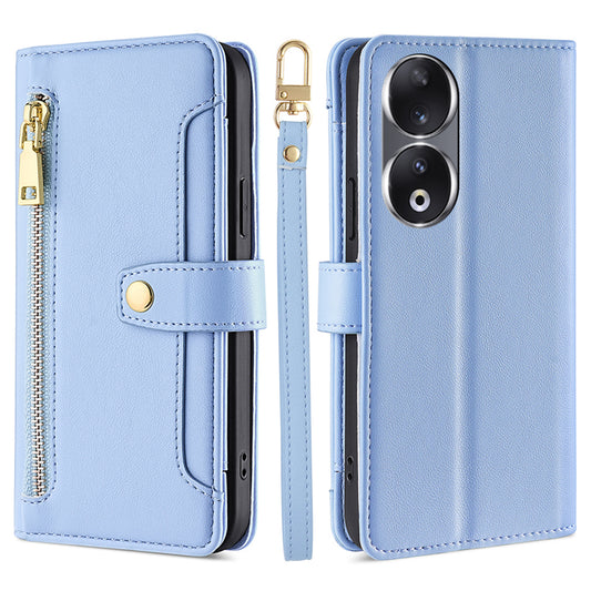 For Honor 90 Zipper Pocket Phone Leather Case Multiple Card Slots Anti-drop Cover with Straps