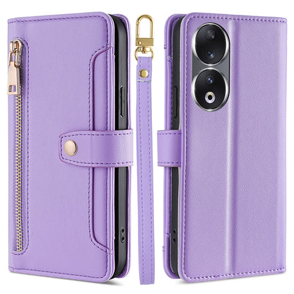 For Honor 90 Zipper Pocket Phone Leather Case Multiple Card Slots Anti-drop Cover with Straps