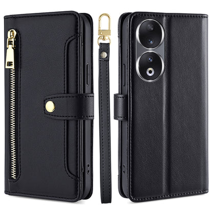 For Honor 90 Zipper Pocket Phone Leather Case Multiple Card Slots Anti-drop Cover with Straps