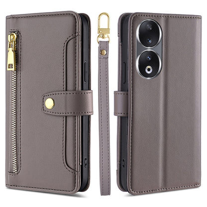 For Honor 90 Zipper Pocket Phone Leather Case Multiple Card Slots Anti-drop Cover with Straps