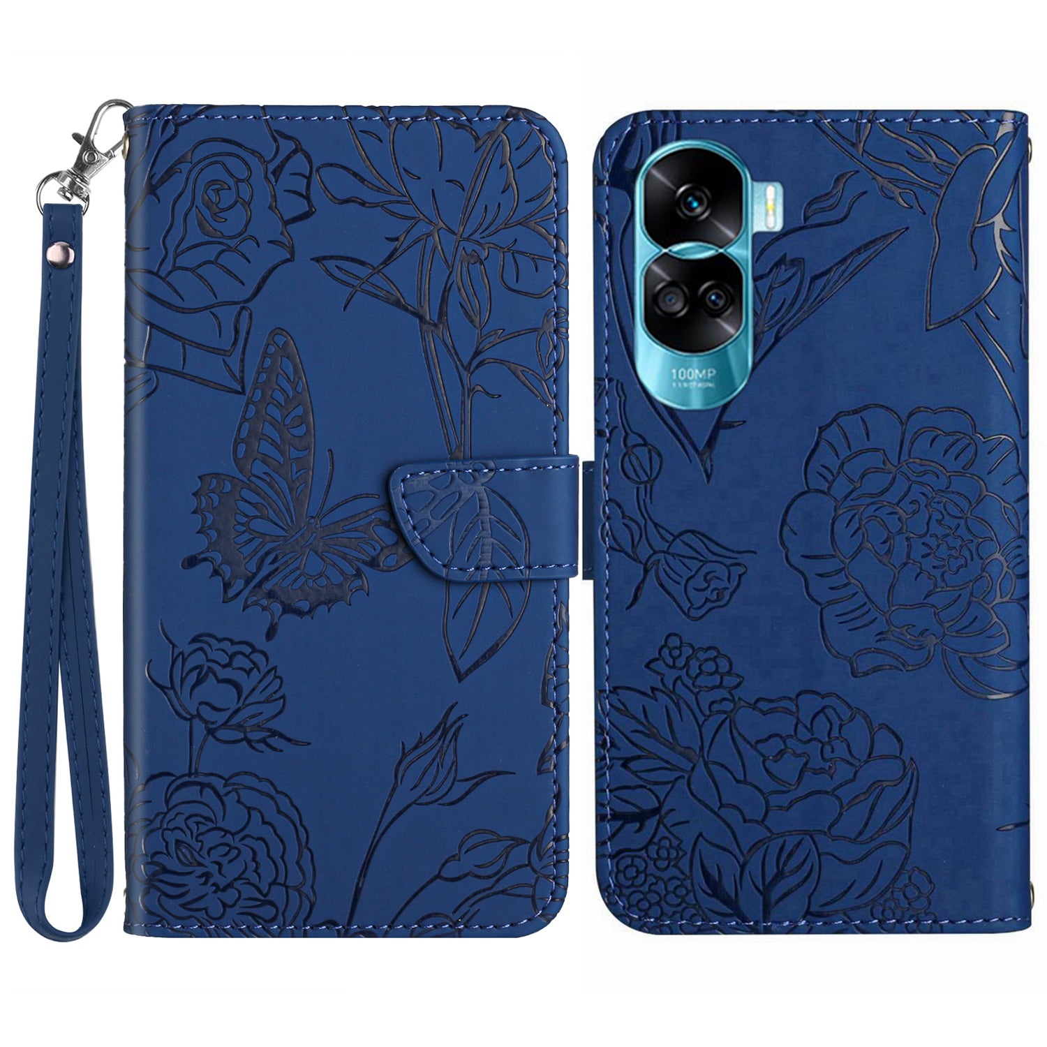 HT03 For Honor 90 Lite 5G / X50i 5G Phone Wallet Case PU Leather Imprinted Butterfly Flowers Stand Cover with Hand Strap