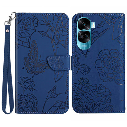 HT03 For Honor 90 Lite 5G / X50i 5G Phone Wallet Case PU Leather Imprinted Butterfly Flowers Stand Cover with Hand Strap