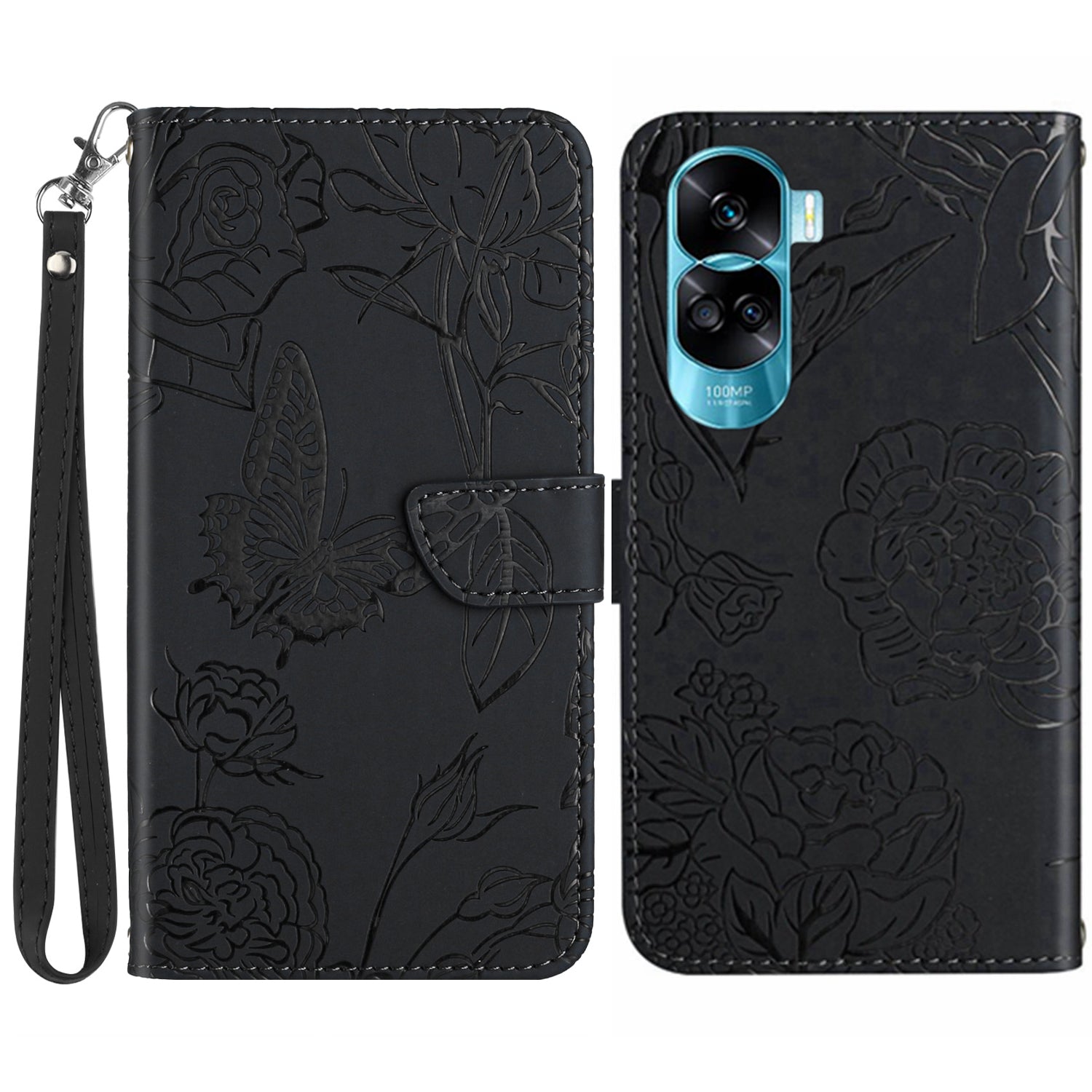 HT03 For Honor 90 Lite 5G / X50i 5G Phone Wallet Case PU Leather Imprinted Butterfly Flowers Stand Cover with Hand Strap