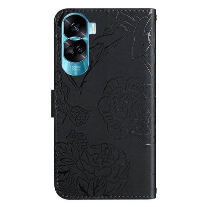 HT03 For Honor 90 Lite 5G / X50i 5G Phone Wallet Case PU Leather Imprinted Butterfly Flowers Stand Cover with Hand Strap