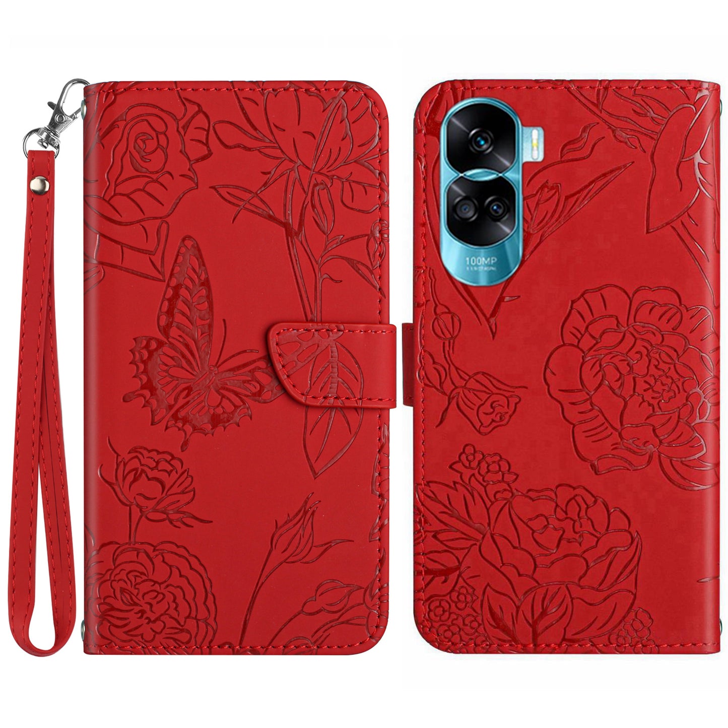 HT03 For Honor 90 Lite 5G / X50i 5G Phone Wallet Case PU Leather Imprinted Butterfly Flowers Stand Cover with Hand Strap