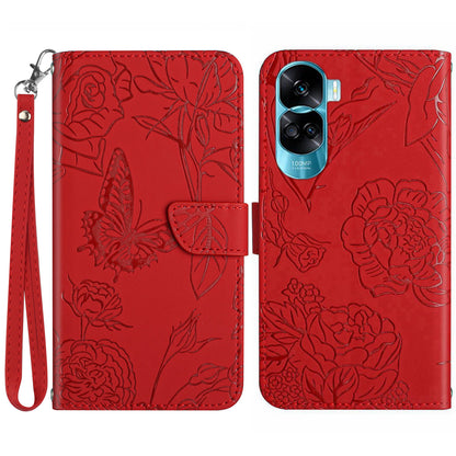HT03 For Honor 90 Lite 5G / X50i 5G Phone Wallet Case PU Leather Imprinted Butterfly Flowers Stand Cover with Hand Strap
