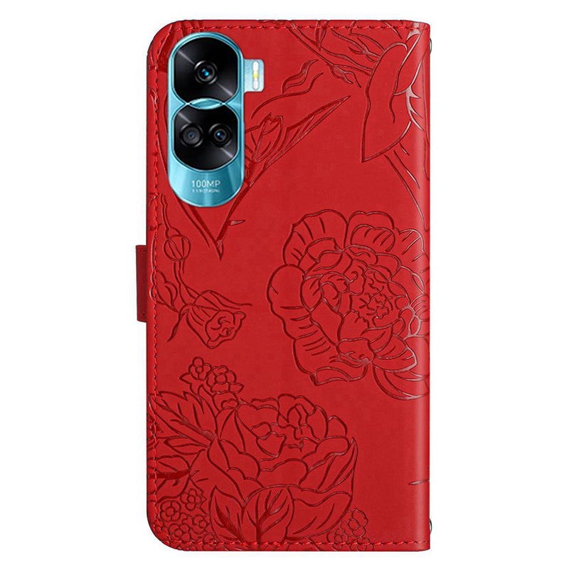HT03 For Honor 90 Lite 5G / X50i 5G Phone Wallet Case PU Leather Imprinted Butterfly Flowers Stand Cover with Hand Strap