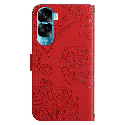 HT03 For Honor 90 Lite 5G / X50i 5G Phone Wallet Case PU Leather Imprinted Butterfly Flowers Stand Cover with Hand Strap