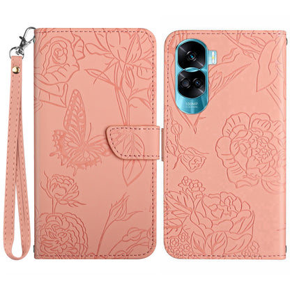 HT03 For Honor 90 Lite 5G / X50i 5G Phone Wallet Case PU Leather Imprinted Butterfly Flowers Stand Cover with Hand Strap