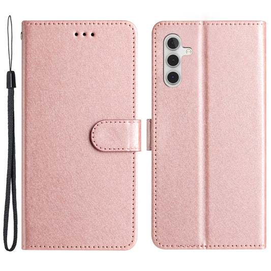 For Samsung Galaxy A04s 4G (164.7 x 76.7 x 9.1 mm) Stand Function Silk Texture PU Leather Wallet Cell Phone Case with Hand Strap