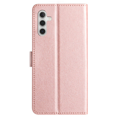 For Samsung Galaxy A04s 4G (164.7 x 76.7 x 9.1 mm) Stand Function Silk Texture PU Leather Wallet Cell Phone Case with Hand Strap
