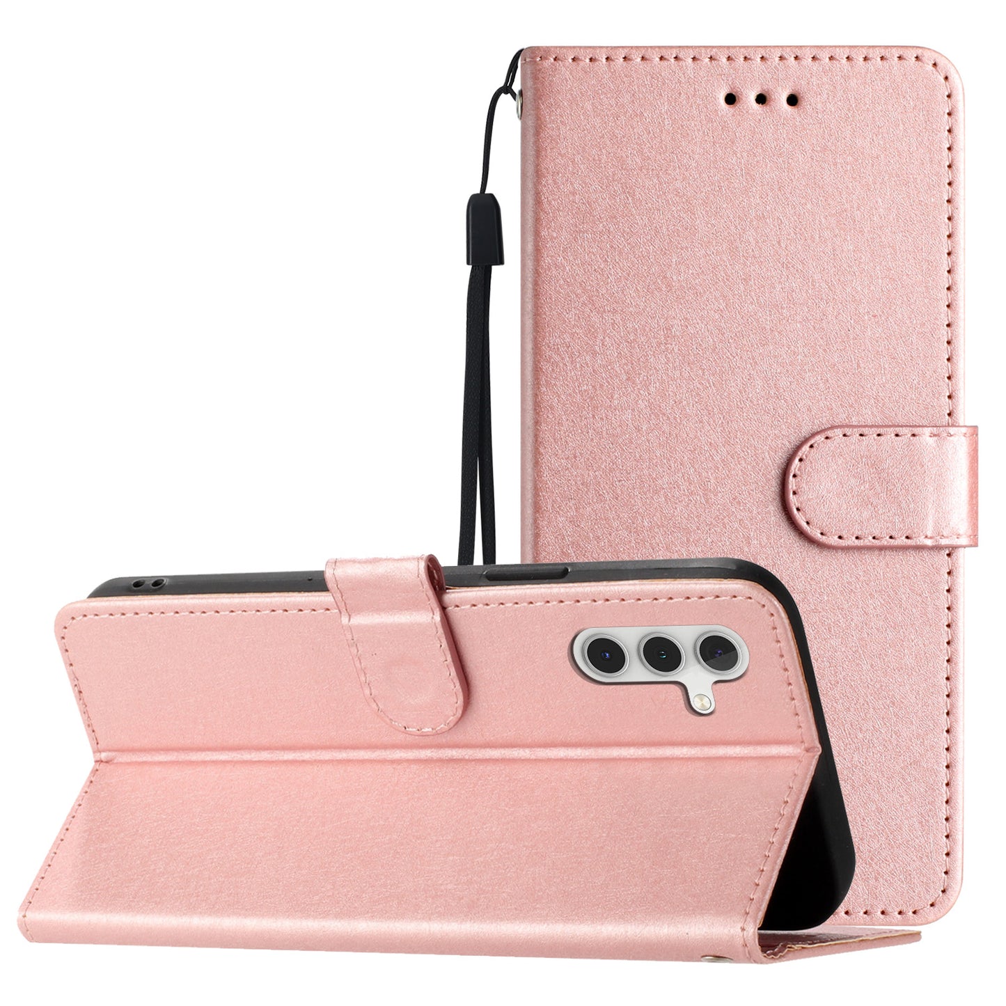For Samsung Galaxy A04s 4G (164.7 x 76.7 x 9.1 mm) Stand Function Silk Texture PU Leather Wallet Cell Phone Case with Hand Strap