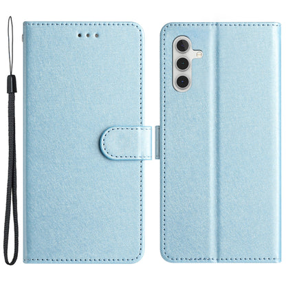 For Samsung Galaxy A04s 4G (164.7 x 76.7 x 9.1 mm) Stand Function Silk Texture PU Leather Wallet Cell Phone Case with Hand Strap
