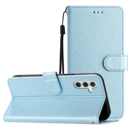 For Samsung Galaxy A04s 4G (164.7 x 76.7 x 9.1 mm) Stand Function Silk Texture PU Leather Wallet Cell Phone Case with Hand Strap