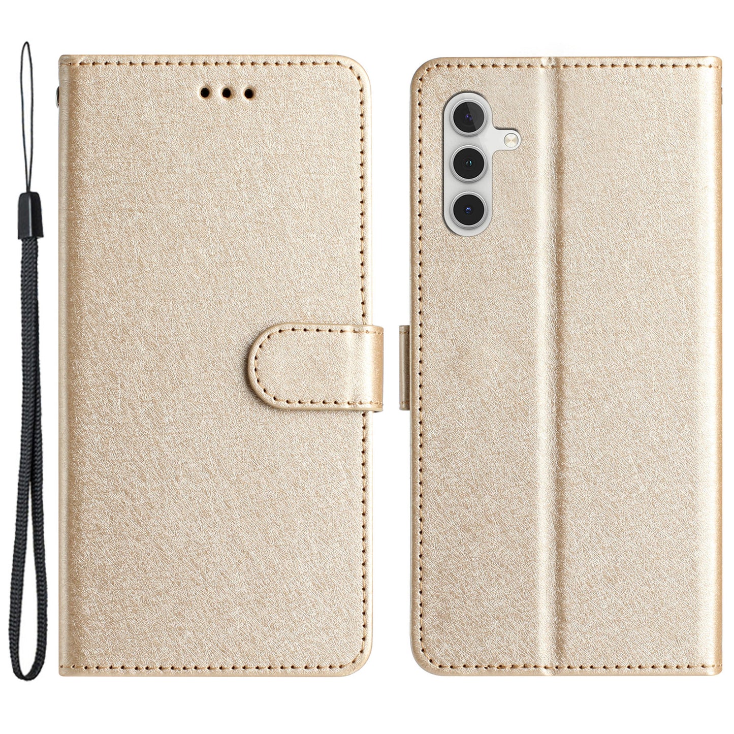 For Samsung Galaxy A04s 4G (164.7 x 76.7 x 9.1 mm) Stand Function Silk Texture PU Leather Wallet Cell Phone Case with Hand Strap