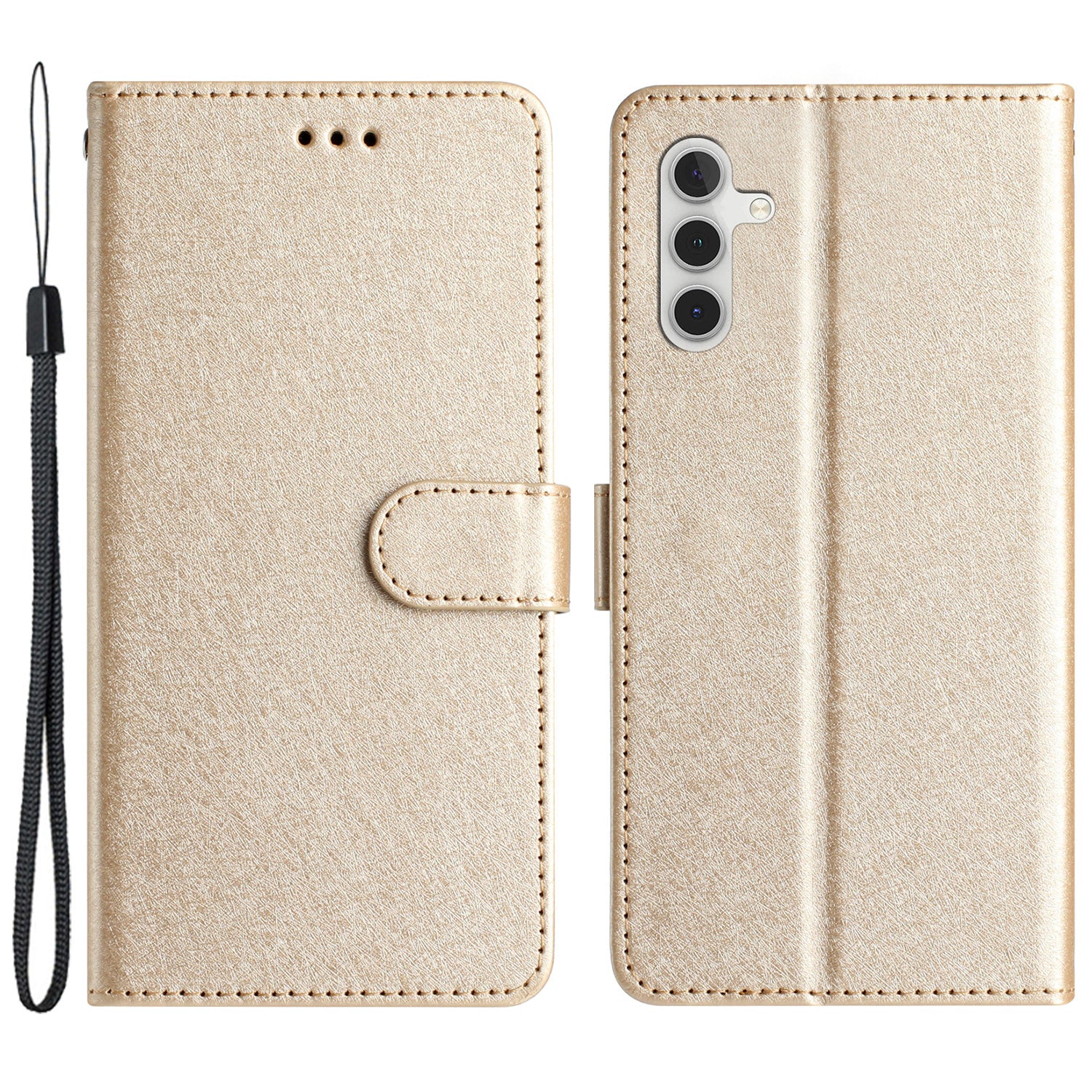 For Samsung Galaxy A04s 4G (164.7 x 76.7 x 9.1 mm) Stand Function Silk Texture PU Leather Wallet Cell Phone Case with Hand Strap