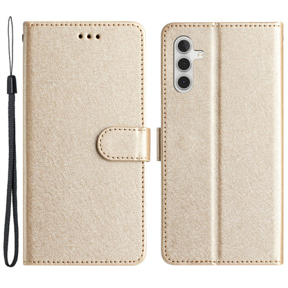 For Samsung Galaxy A04s 4G (164.7 x 76.7 x 9.1 mm) Stand Function Silk Texture PU Leather Wallet Cell Phone Case with Hand Strap
