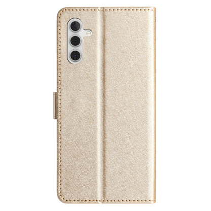 For Samsung Galaxy A04s 4G (164.7 x 76.7 x 9.1 mm) Stand Function Silk Texture PU Leather Wallet Cell Phone Case with Hand Strap