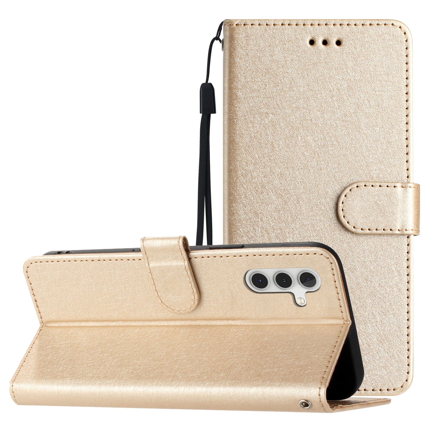 For Samsung Galaxy A04s 4G (164.7 x 76.7 x 9.1 mm) Stand Function Silk Texture PU Leather Wallet Cell Phone Case with Hand Strap