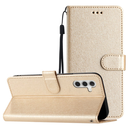 For Samsung Galaxy A04s 4G (164.7 x 76.7 x 9.1 mm) Stand Function Silk Texture PU Leather Wallet Cell Phone Case with Hand Strap