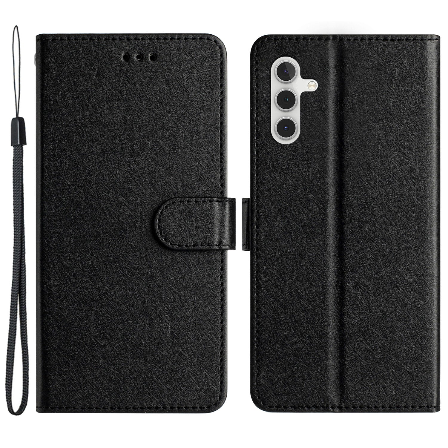 For Samsung Galaxy A04s 4G (164.7 x 76.7 x 9.1 mm) Stand Function Silk Texture PU Leather Wallet Cell Phone Case with Hand Strap
