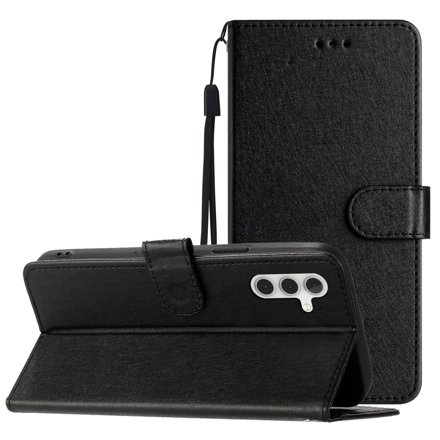 For Samsung Galaxy A04s 4G (164.7 x 76.7 x 9.1 mm) Stand Function Silk Texture PU Leather Wallet Cell Phone Case with Hand Strap