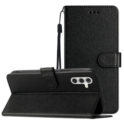 For Samsung Galaxy A04s 4G (164.7 x 76.7 x 9.1 mm) Stand Function Silk Texture PU Leather Wallet Cell Phone Case with Hand Strap
