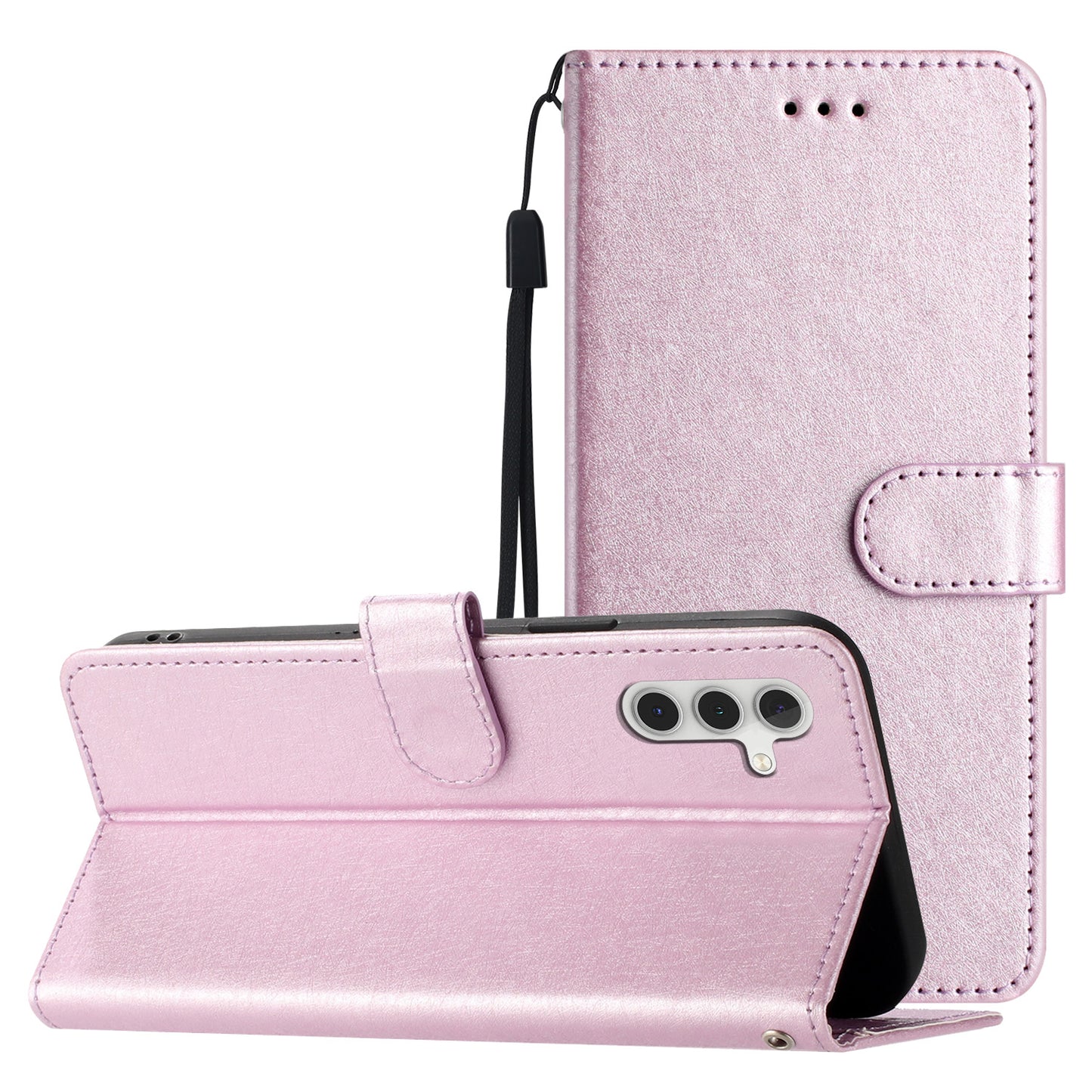 For Samsung Galaxy A04s 4G (164.7 x 76.7 x 9.1 mm) Stand Function Silk Texture PU Leather Wallet Cell Phone Case with Hand Strap