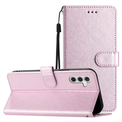 For Samsung Galaxy A04s 4G (164.7 x 76.7 x 9.1 mm) Stand Function Silk Texture PU Leather Wallet Cell Phone Case with Hand Strap