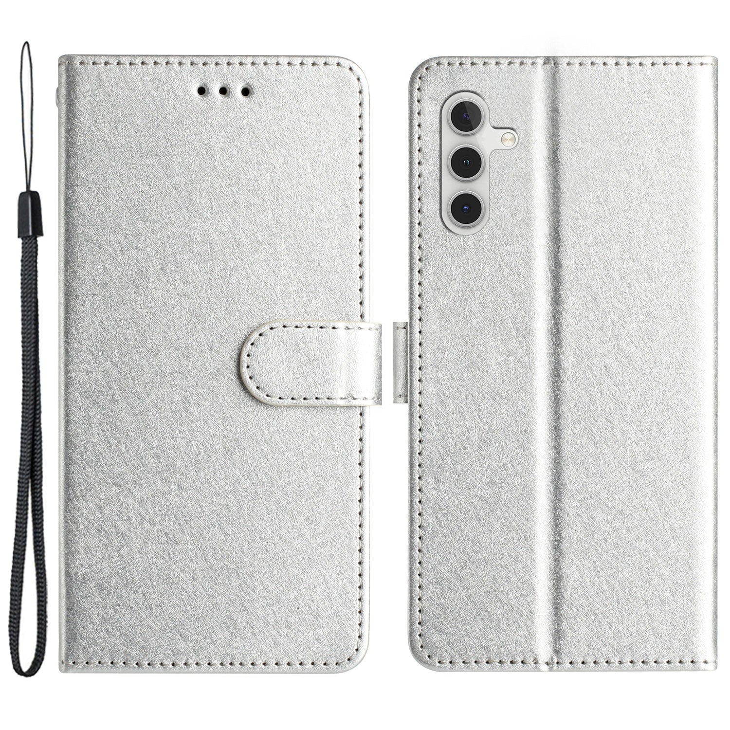 For Samsung Galaxy A04s 4G (164.7 x 76.7 x 9.1 mm) Stand Function Silk Texture PU Leather Wallet Cell Phone Case with Hand Strap