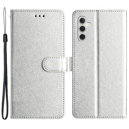 For Samsung Galaxy A04s 4G (164.7 x 76.7 x 9.1 mm) Stand Function Silk Texture PU Leather Wallet Cell Phone Case with Hand Strap