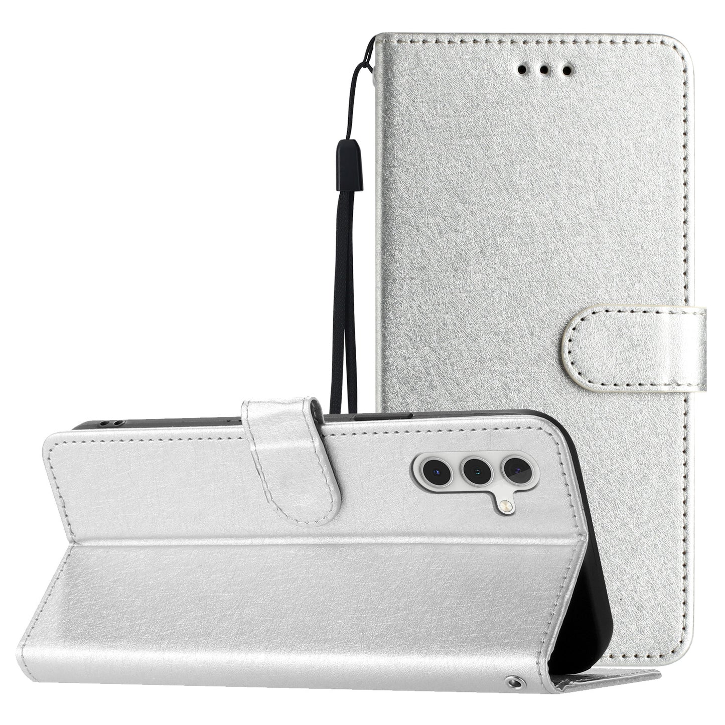 For Samsung Galaxy A04s 4G (164.7 x 76.7 x 9.1 mm) Stand Function Silk Texture PU Leather Wallet Cell Phone Case with Hand Strap