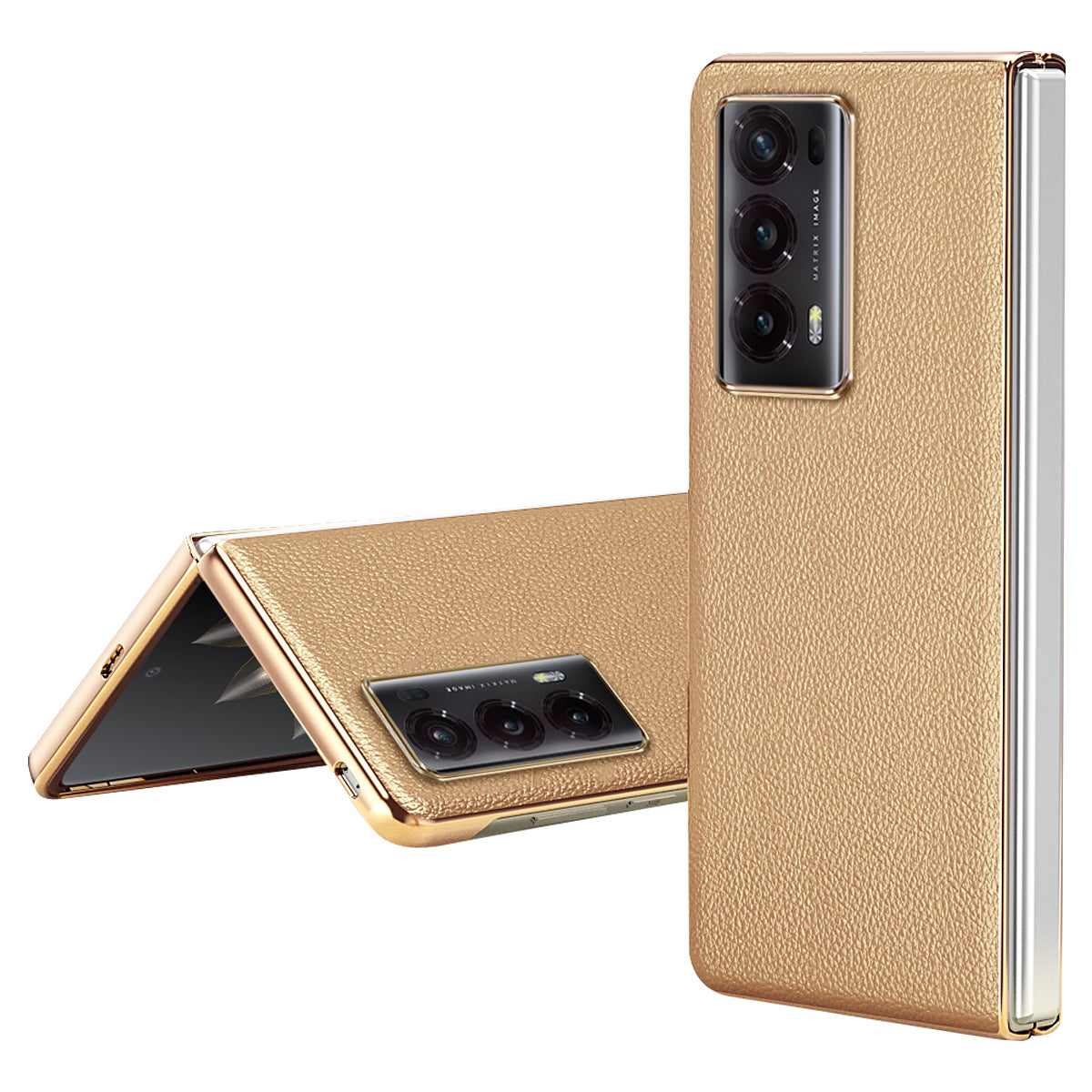 For Honor Magic V2 5G Electroplating Frame Phone Case Litchi Texture PU Leather Coated PC Protective Cover