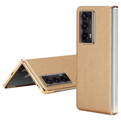 For Honor Magic V2 5G Electroplating Frame Phone Case Litchi Texture PU Leather Coated PC Protective Cover