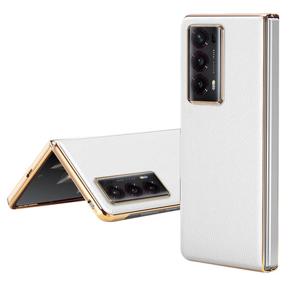 For Honor Magic V2 5G Electroplating Frame Phone Case Litchi Texture PU Leather Coated PC Protective Cover