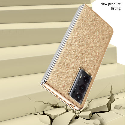 For Honor Magic V2 5G Electroplating Frame Phone Case Litchi Texture PU Leather Coated PC Protective Cover