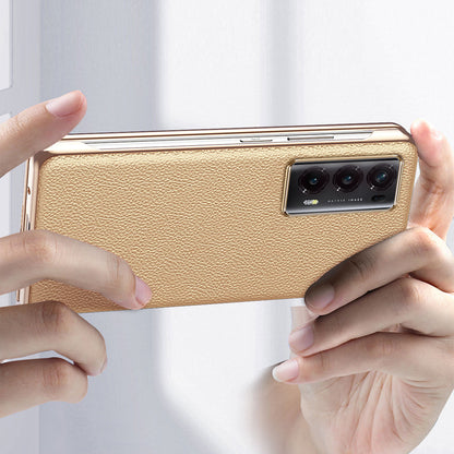 For Honor Magic V2 5G Electroplating Frame Phone Case Litchi Texture PU Leather Coated PC Protective Cover