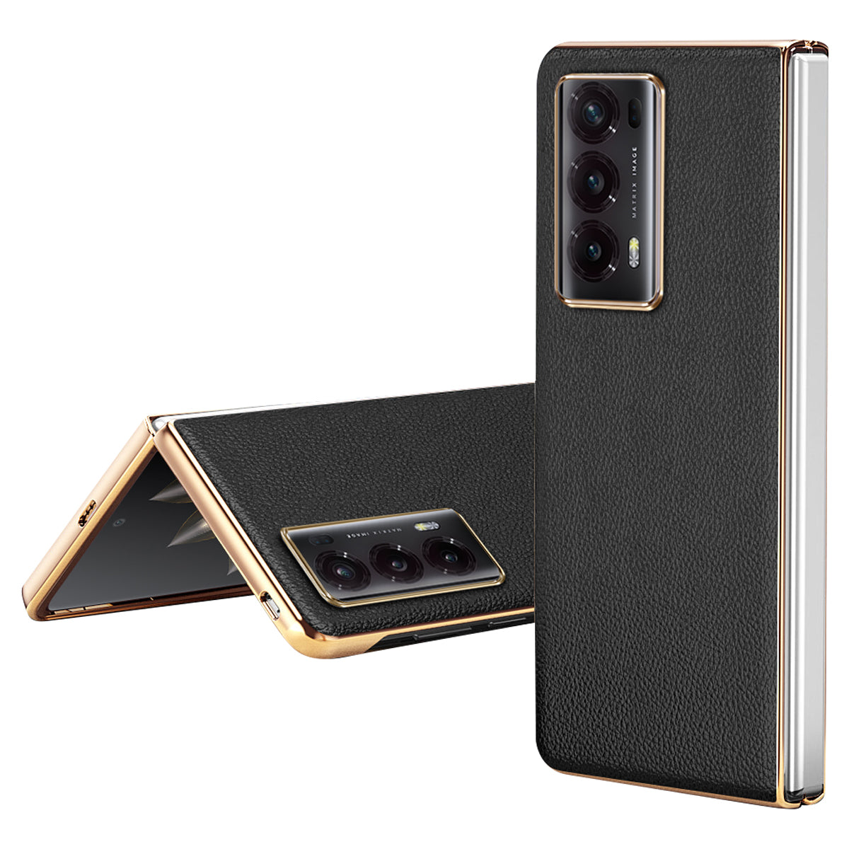 For Honor Magic V2 5G Electroplating Frame Phone Case Litchi Texture PU Leather Coated PC Protective Cover