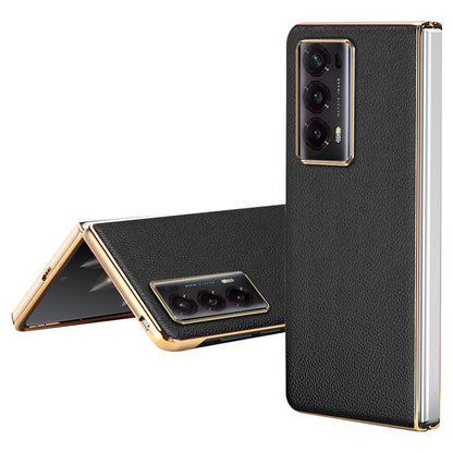 For Honor Magic V2 5G Electroplating Frame Phone Case Litchi Texture PU Leather Coated PC Protective Cover