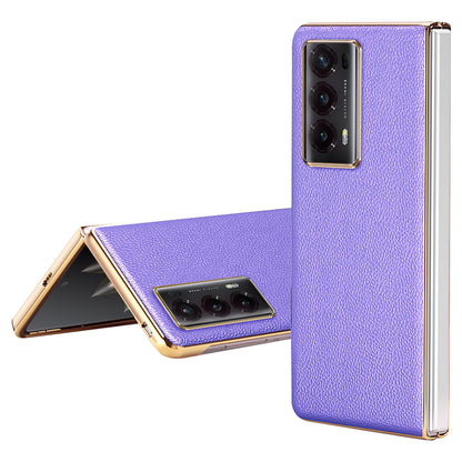 For Honor Magic V2 5G Electroplating Frame Phone Case Litchi Texture PU Leather Coated PC Protective Cover