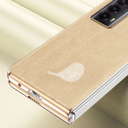 For Honor Magic V2 5G Electroplating Frame Phone Case Litchi Texture PU Leather Coated PC Protective Cover