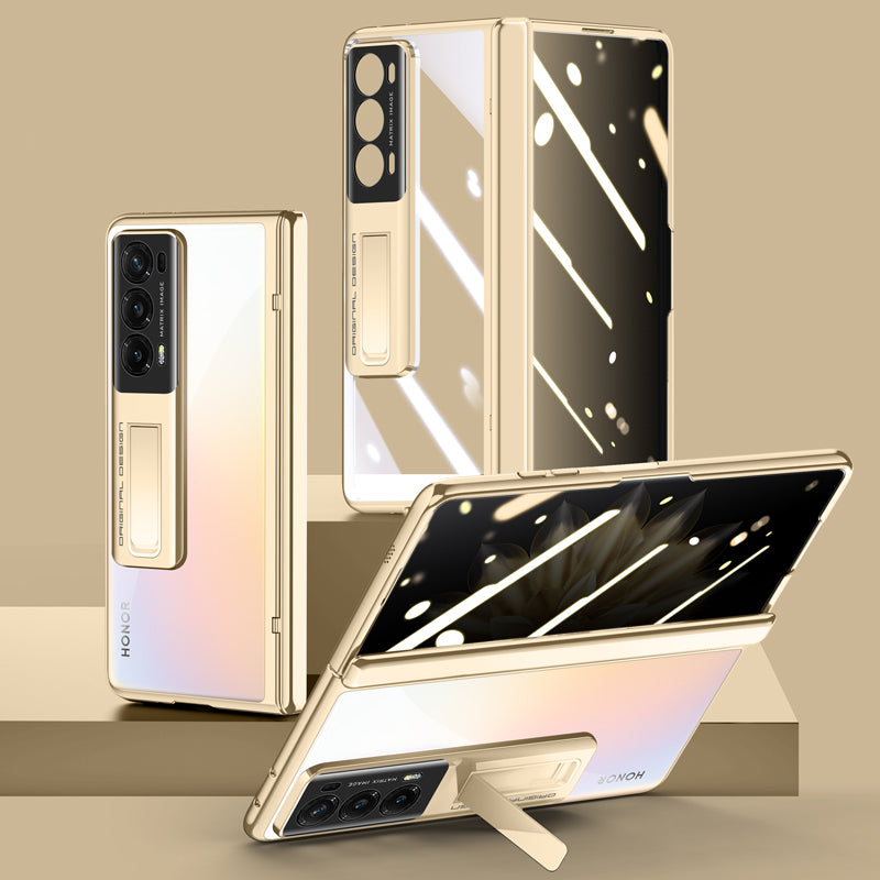 For Honor Magic V2 5G Hinge Protection Kickstand Cover Clear PC Electroplating Phone Case with Privacy Tempered Glass Film