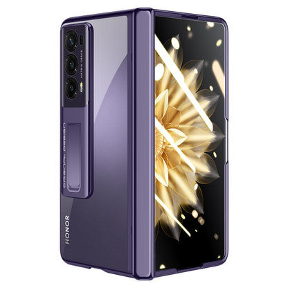 For Honor Magic V2 5G Hinge Protection Kickstand Cover Clear PC Electroplating Phone Case with Privacy Tempered Glass Film